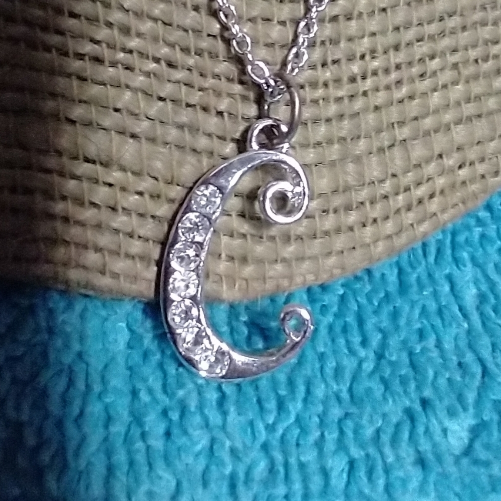 Elegant Silver Pendant Necklace initial C crystals